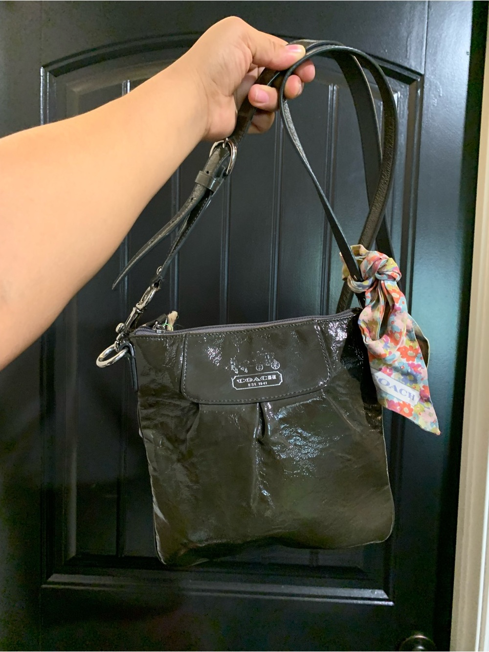 Y2K Coach small pleated patent leather shoulder bag with silver-tone hardware.